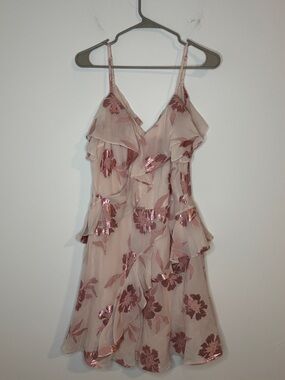 Rebecca Taylor Fleur Rose Gold Metallic Silk Dress Sz 10 Whimsical Coquette Chic